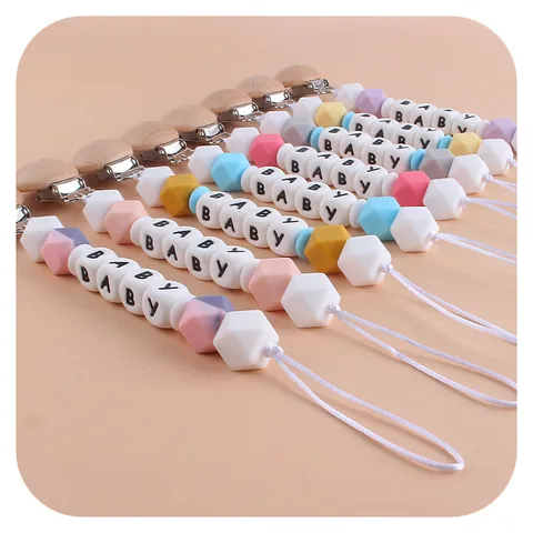 Catenella Portaciuccio in Silicone e Legno di Faggio Con Perline Lettere Baby Colori Macaron Supporto Massaggiagengive Cinturino Anti-Caduta