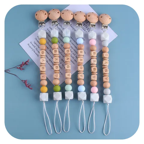 Silicone And Beech Wood Baby Pacifier Clip Letter Beads Teething Toy Chain For Newborn Infant Binky Holder Soothing Strap