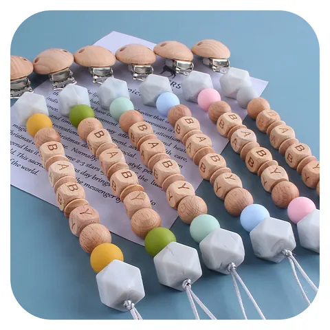 Silicone And Beech Wood Baby Pacifier Clip Letter Beads Teething Toy Chain For Newborn Infant Binky Holder Soothing Strap