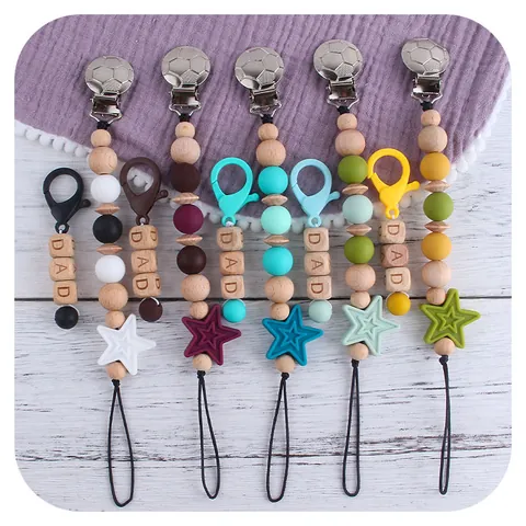 Silicone Beech Wood Baby Pacifier Clip Football Iron Clip Star DAD Letter Beads Teething Toy Anti-Drop Nipple Holder Leash