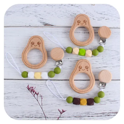 Cartoon Avocado Beech Wood Baby Teether And Silicone Beaded Pacifier Chain For Toddler Teething Relief Soothing Toy