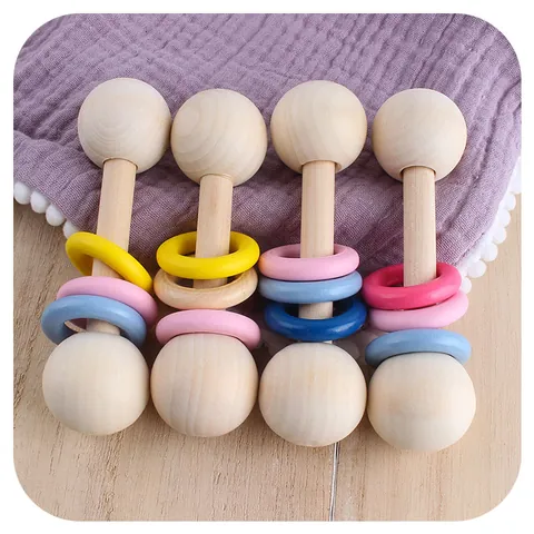 Natural Wooden Baby Hand Rattle Teether Toy For Infants Colorful Wooden Ring Grasping Sensory Montessori Educational Toy