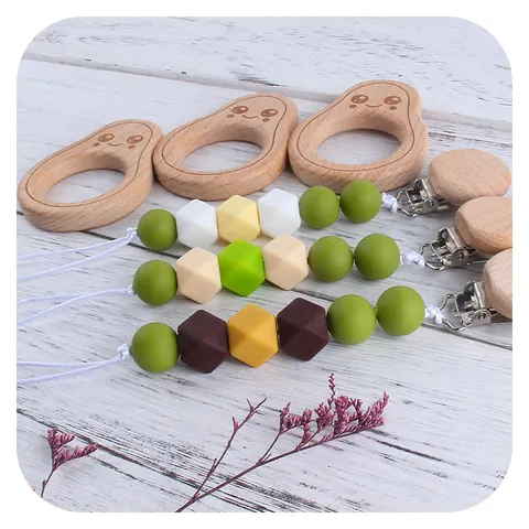 Cartoon Avocado Beech Wood Baby Teether And Silicone Beaded Pacifier Chain For Toddler Teething Relief Soothing Toy