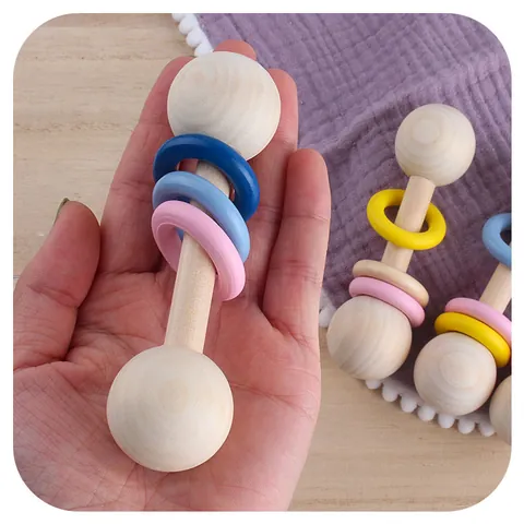 Natural Wooden Baby Hand Rattle Teether Toy For Infants Colorful Wooden Ring Grasping Sensory Montessori Educational Toy
