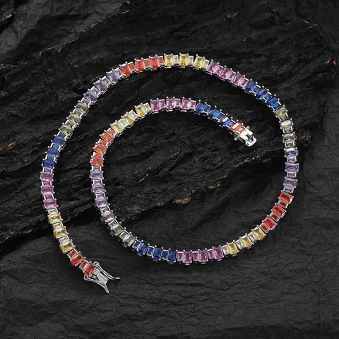 Hip Hop Regenbogen Baguette Zirkonia Tennis Kette Kupfer Gold Silber Plattiert Bunter Stein Schmuck Für Herren Damen Party