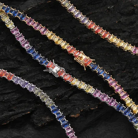 Hip Hop Regenbogen Baguette Zirkonia Tennis Kette Kupfer Gold Silber Plattiert Bunter Stein Schmuck Für Herren Damen Party