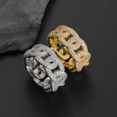 Hip Hop Cuban Link Ring Copper Iced Out Zirconia Electroplated Fashion Streetwear Jewelry For Men Women Party Finger Ring