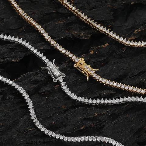 Collier de Tennis de Luxe en Cuivre et Zircone pour Femmes 2mm 3 Griffes Plqué Or Argent Hip Hop Bijoux Choker