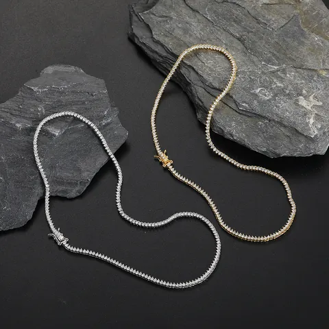 Collier de Tennis de Luxe en Cuivre et Zircone pour Femmes 2mm 3 Griffes Plqué Or Argent Hip Hop Bijoux Choker
