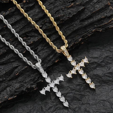 Collana con Pendente a Croce di Cuore Hip Hop in Rame Incastonato con Zirconia Catena a Corda Gioielli Moda Oro Argento