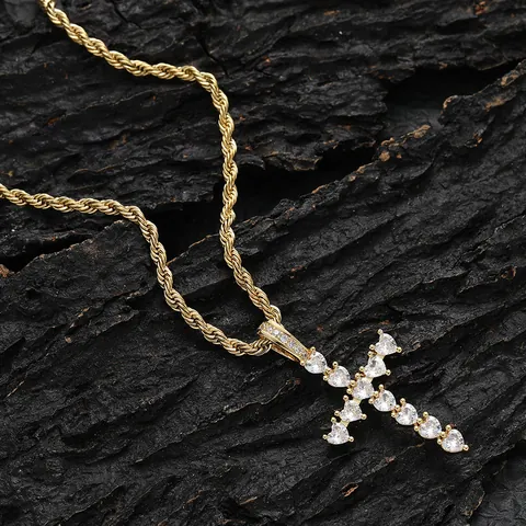 Collana con Pendente a Croce di Cuore Hip Hop in Rame Incastonato con Zirconia Catena a Corda Gioielli Moda Oro Argento