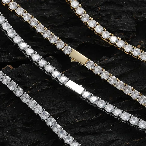 Hip Hop Copper Zirconia Tennis Chain Necklace For Men Women Gold Silver Plated Single Row Prong Set Round Cut Jewelry