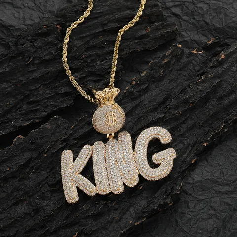 Hip Hop Iced Out Χάλκινο Κολιέ Μενταγιόν Σάκος με Χρήματα Σύμβολο Δολαρίου Κεφαλαία Γράμματα KING Αλυσίδα Σχοινί Κοσμήματα Unisex