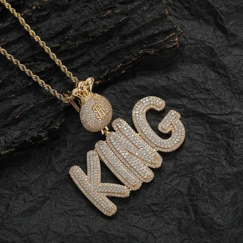 Hip Hop Iced Out Χάλκινο Κολιέ Μενταγιόν Σάκος με Χρήματα Σύμβολο Δολαρίου Κεφαλαία Γράμματα KING Αλυσίδα Σχοινί Κοσμήματα Unisex
