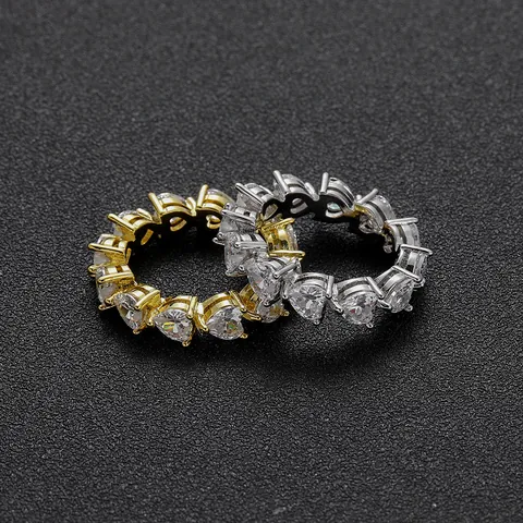 Hip Hop Heart Zirconia Copper Ring For Women Gold Silver Plated Eternity Band Iced Out Heart Shaped Finger Ring Jewelry