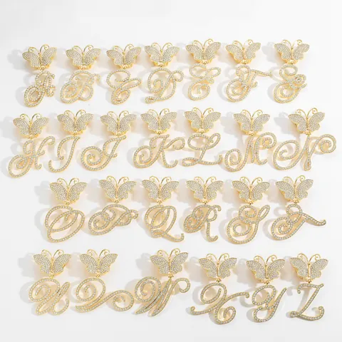 Iced Out Rhinestone Alloy Butterfly Cursive Initial Alphabet Pendant Only For Women Men Gold Silver Letter Charm Jewelry Gift