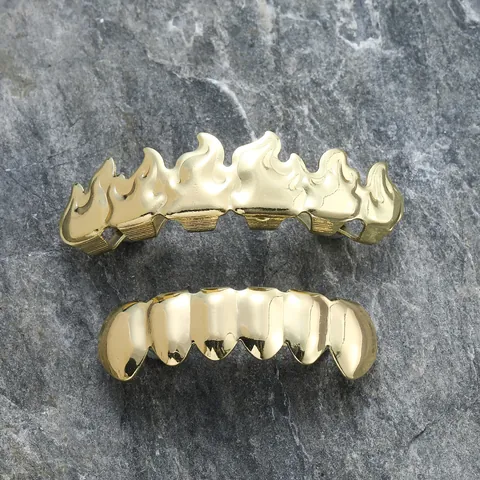 Hip Hop Flame Teeth Grillz Set Gold Silver Plated Eco-Friendly Copper Top Bottom Teeth Grillz For Party Jewelry Accessories