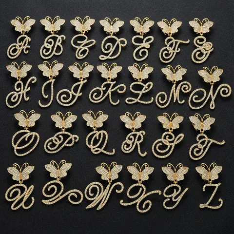 Iced Out Rhinestone Alloy Butterfly Cursive Initial Alphabet Pendant Only For Women Men Gold Silver Letter Charm Jewelry Gift