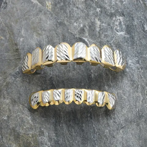 Hip Hop Top And Bottom Teeth Grillz Eco Friendly Copper Gold Silver Plated Ripple Pattern For Halloween Party Body Jewelry