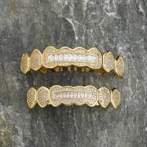 Bijoux Dentaires Hip Hop Iced Out pour Hommes Femmes Cuivre Zircone Haut Et Bas Grillz Plaqués Or Argent Bouche