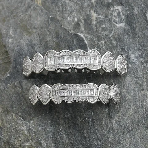 Bijoux Dentaires Hip Hop Iced Out pour Hommes Femmes Cuivre Zircone Haut Et Bas Grillz Plaqués Or Argent Bouche