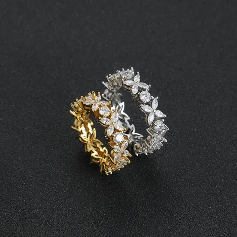 Hip Hop Copper Zirconia Flower Ring Gold Silver Plated Marquise Cut Full Eternity Zircon Ring For Women Banquet Party Jewelry