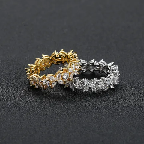 Hip Hop Copper Zirconia Flower Ring Gold Silver Plated Marquise Cut Full Eternity Zircon Ring For Women Banquet Party Jewelry