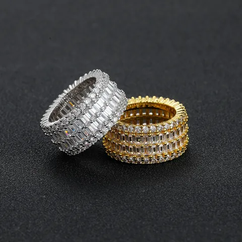 Hip Hop Copper Cubic Zirconia Ring Men Iced Out Baguette Cut Rhinestone Band Ring Gold Silver Plated Luxury Jewelry Gift