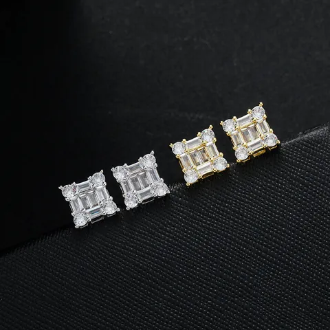 Unisex Square Zirconia Stud Earrings Gold Silver Plated Copper Hip Hop Geometric Jewelry For Women Men Birthday Gift