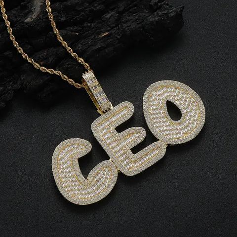 Hip Hop Custom Bubble Letter Pendant Necklace Zirconia Micro Pave Copper Rope Chain For Men Women Jewelry Gift
