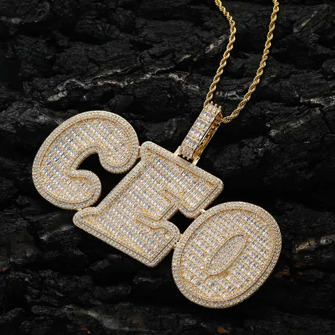 Hip Hop Iced Out Baguette Zirconia Initial Letter Pendant Necklace Copper Custom Splicing Jewelry Gold Silver Rose Gold Rope Chain For Men Women