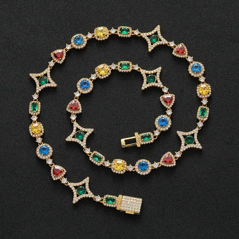 Collana Tennis Hip Hop in Rame con Zirconi Colorati Bracciale Pendente Cuore Stella Geometrica Gioielli Moda Placcati Oro Argento per Uomo Donna