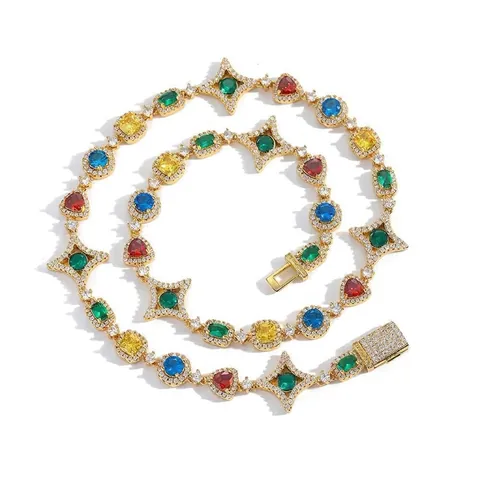Collana Tennis Hip Hop in Rame con Zirconi Colorati Bracciale Pendente Cuore Stella Geometrica Gioielli Moda Placcati Oro Argento per Uomo Donna