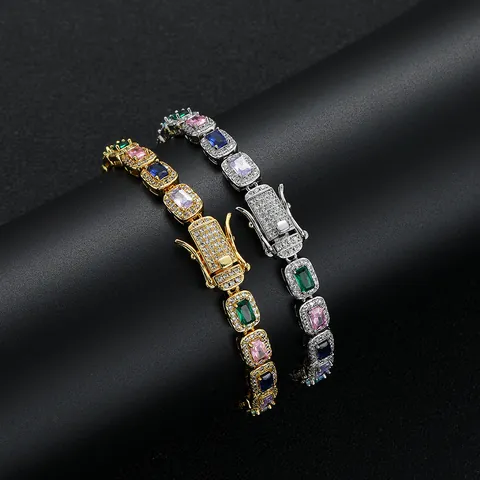 Hip Hop Colorful Rectangle Zircon Tennis Bracelet For Women Copper Inlaid Gold Silver Plated Multi Color Gemstone Bracelet Jewelry
