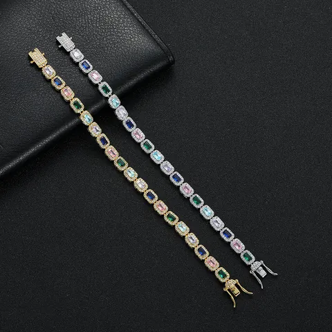 Hip Hop Colorful Rectangle Zircon Tennis Bracelet For Women Copper Inlaid Gold Silver Plated Multi Color Gemstone Bracelet Jewelry