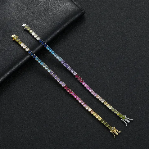 Unisex Hip Hop Copper Cubic Zirconia Tennis Bracelet Colorful Rainbow Graduated Stone Gold Silver Plated Jewelry Gift