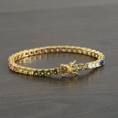 Unisex Hip Hop Copper Cubic Zirconia Tennis Bracelet Colorful Rainbow Graduated Stone Gold Silver Plated Jewelry Gift