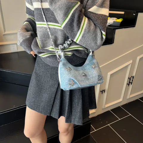 Y2K Denim Schmetterling Umhängetasche Für Damen Vintage Metallkette Handtasche Gefalteter Griff Lässige Messenger Bag Crossbody