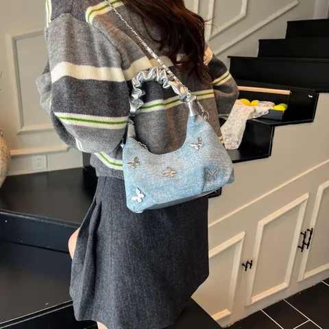 Y2K Denim Schmetterling Umhängetasche Für Damen Vintage Metallkette Handtasche Gefalteter Griff Lässige Messenger Bag Crossbody