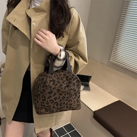 Women Fashion Corduroy Handbag Cute Strawberry Leopard Print Portable Lunch Bag With Zipper Top Handle Small Tote Bag For Office School Picnic