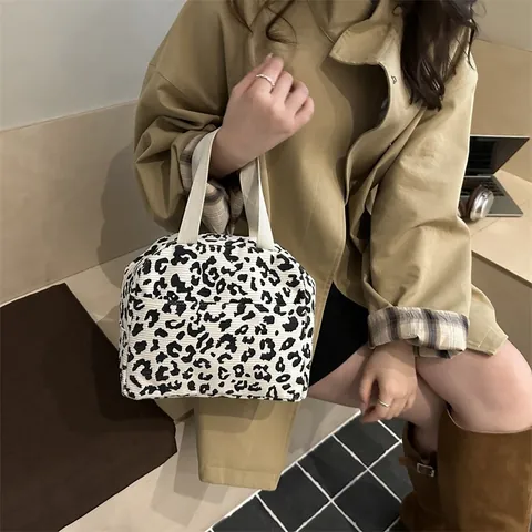 Women Fashion Corduroy Handbag Cute Strawberry Leopard Print Portable Lunch Bag With Zipper Top Handle Small Tote Bag For Office School Picnic