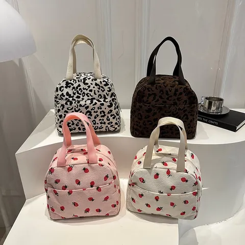 Corduroy Mini Handbag Strawberry Leopard Print Cute Small Tote Casual Portable Lunch Bag For Women Girls