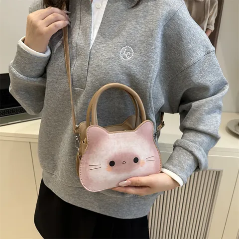 Cute Cat Shaped PU Leather Crossbody Handbag For Women Girls Fashion Gradient Pink Khaki Cartoon Animal Small Square Shoulder Bag