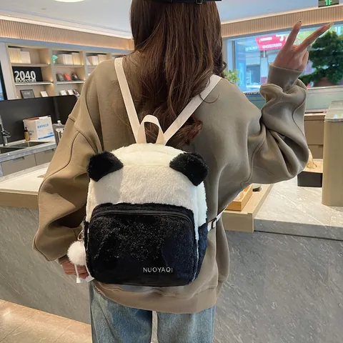 Plush Panda Ears Backpack Large Capacity Winter Faux Fur School Bag For Women Girls Cute Animal Casual Travel Daypack