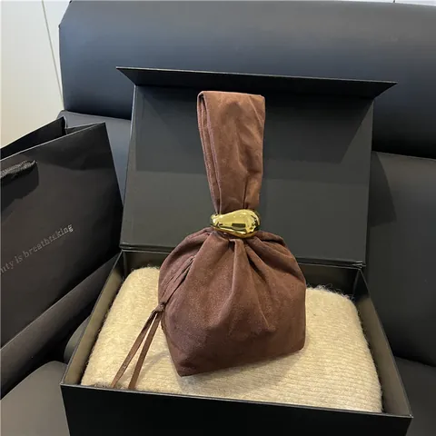 Bolso de Mano Minimalista de PU Gamuzado para Mujer Con Cierre de Guijarro Dorado Color Sólido Bolso de Mano Pequeño Moda
