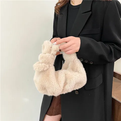 Faux Fur Knot Handtas Voor Vrouwen Geplooide Cloud Bag Zacht Pluche Kleine Tote Portemonnee Effen Kleur Casual Mode Winter Tas