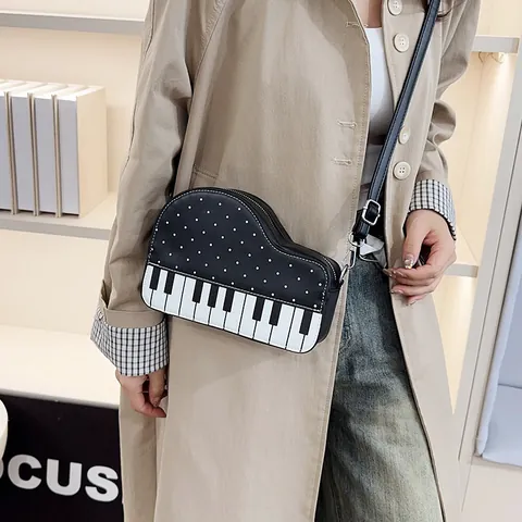 Δημιουργική Τσάντα Χιαστί Σε Σχήμα Πιάνου Από Δέρμα PU Για Γυναίκες Σχέδιο Με Πουά Και Πλήκτρα Τσάντα Ώμου Μόδας Στυλ Μουσικής