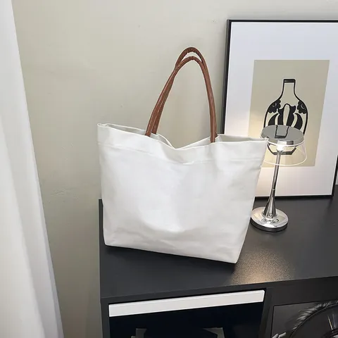 Women Large Capacity Canvas Tote Bag Casual Shoulder Travel Bag With Faux Leather Handle Minimalist Commuter Shopping Handbag