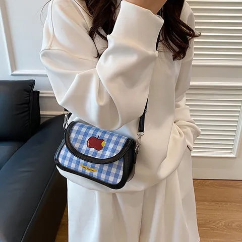Women Gingham Checkered Crossbody Bag PU Fabric Patchwork Red Apple Decor Small Square Saddle Shoulder Bag Casual Fashion