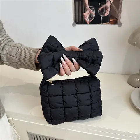 Borsa a Mano Trapuntata Dolce da Donna Con Grande Fiocco Borsa a Spalla Invernale Soffice Tote a Tracolla per Pendolarismo Quotidiano